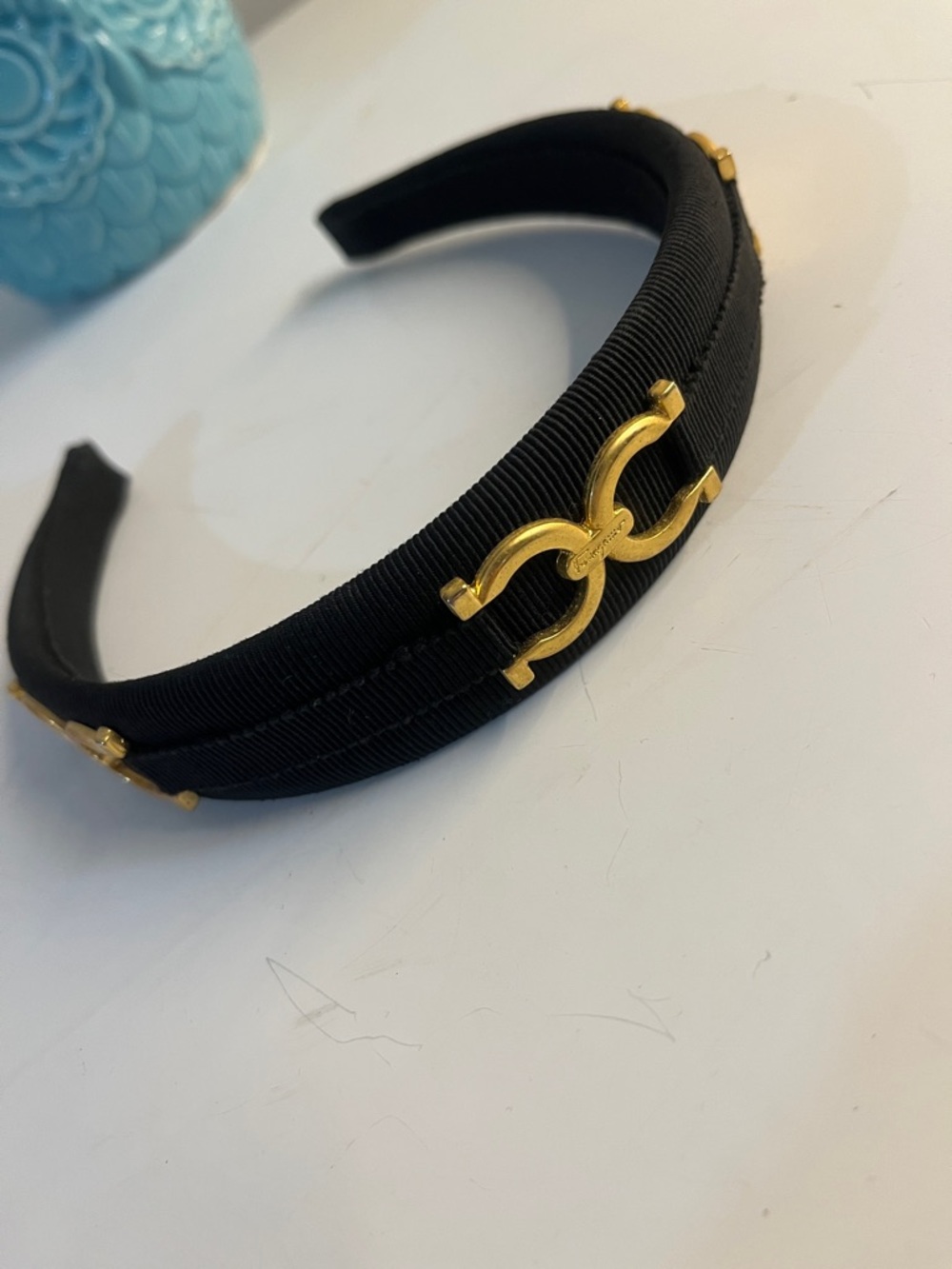 Salvatore Ferragamo Black Headband with Gold Double Gancini